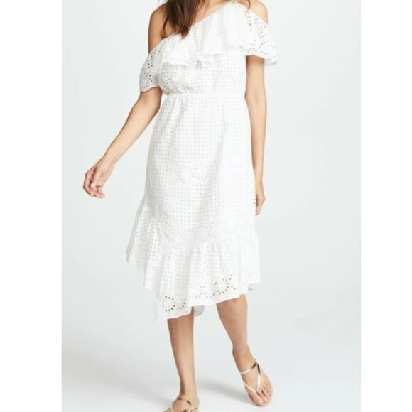 Joie One Shoulder Cotton Eyelet Dress Small White Midi Sleeveless Ruffled Corynn - Picture 6 of 8